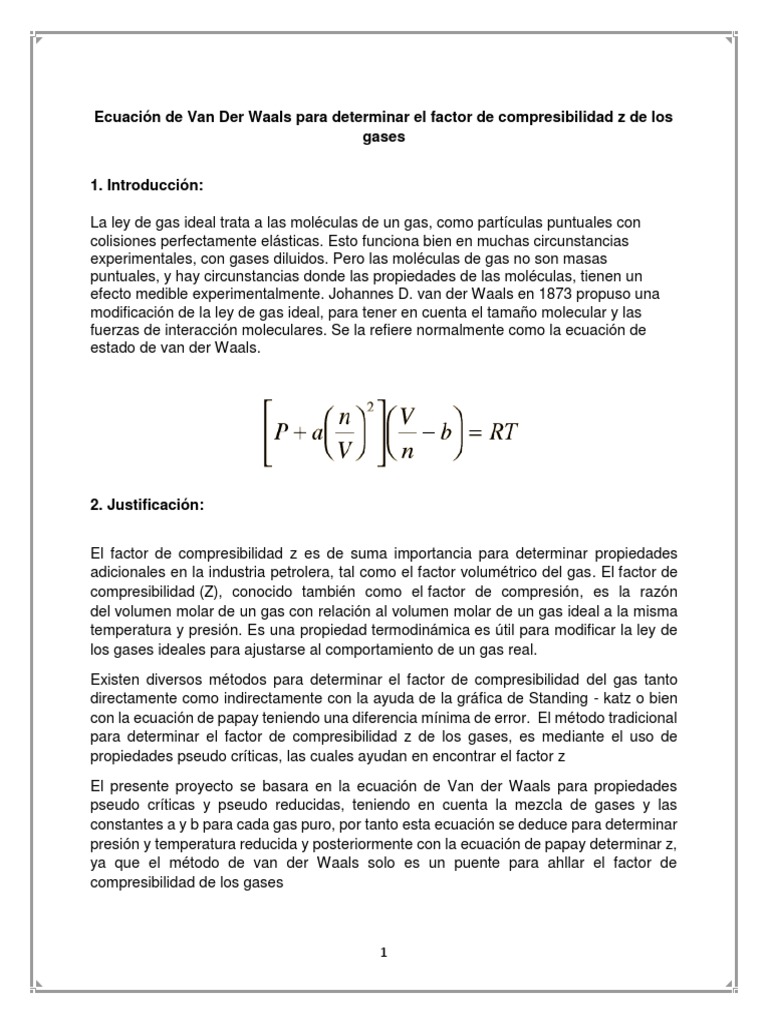 Ecuacion de VAn Der Waals | PDF | Gases | Física Matemática