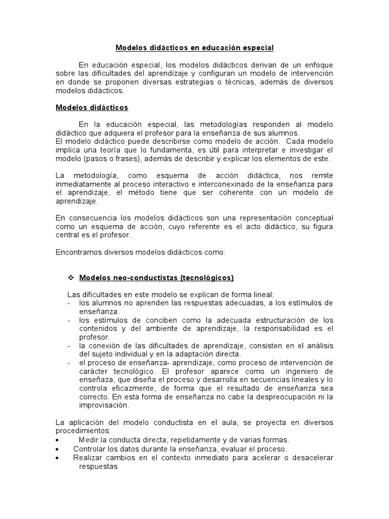 Modelos Didácticos en Educación Especial | PDF | Plan de estudios ...
