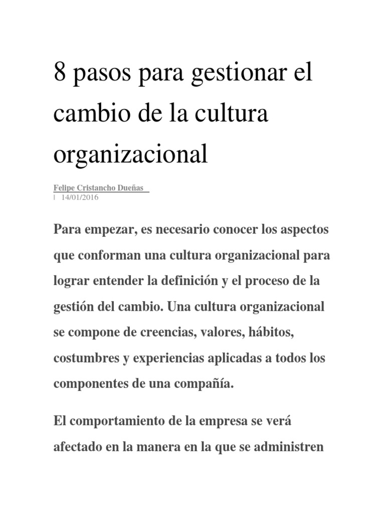 8 Pasos para Transformar la Cultura Organizacional | PDF | Cultura ...