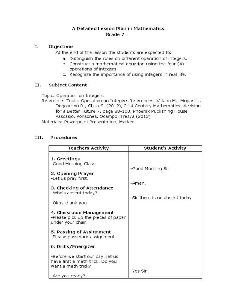 Grade 7 Lesson Plan: Integer Operations | PDF | Subtraction | Division ...