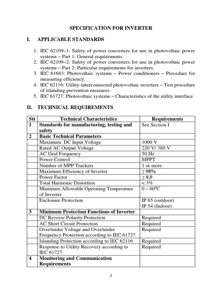 Specification for Inverter - PV Inverter Spec | PDF | Power Inverter ...