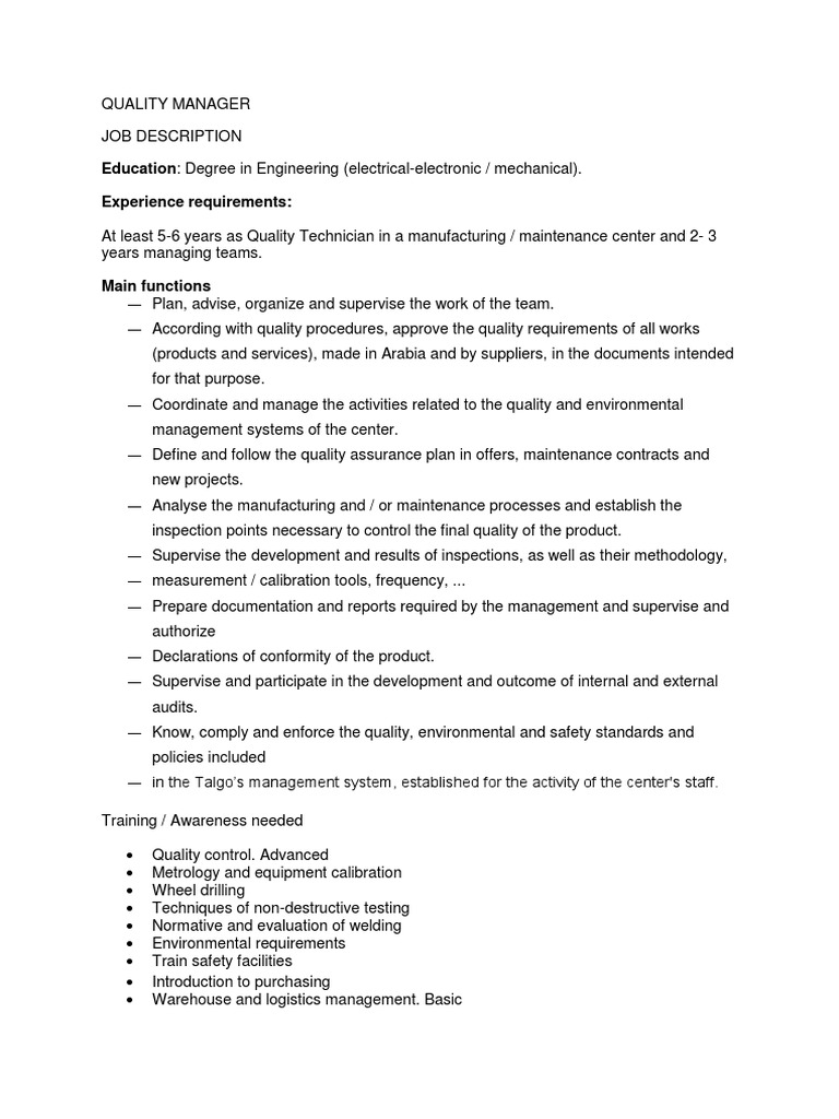 Quality Inspectors Job Description PDF Calibration Safety