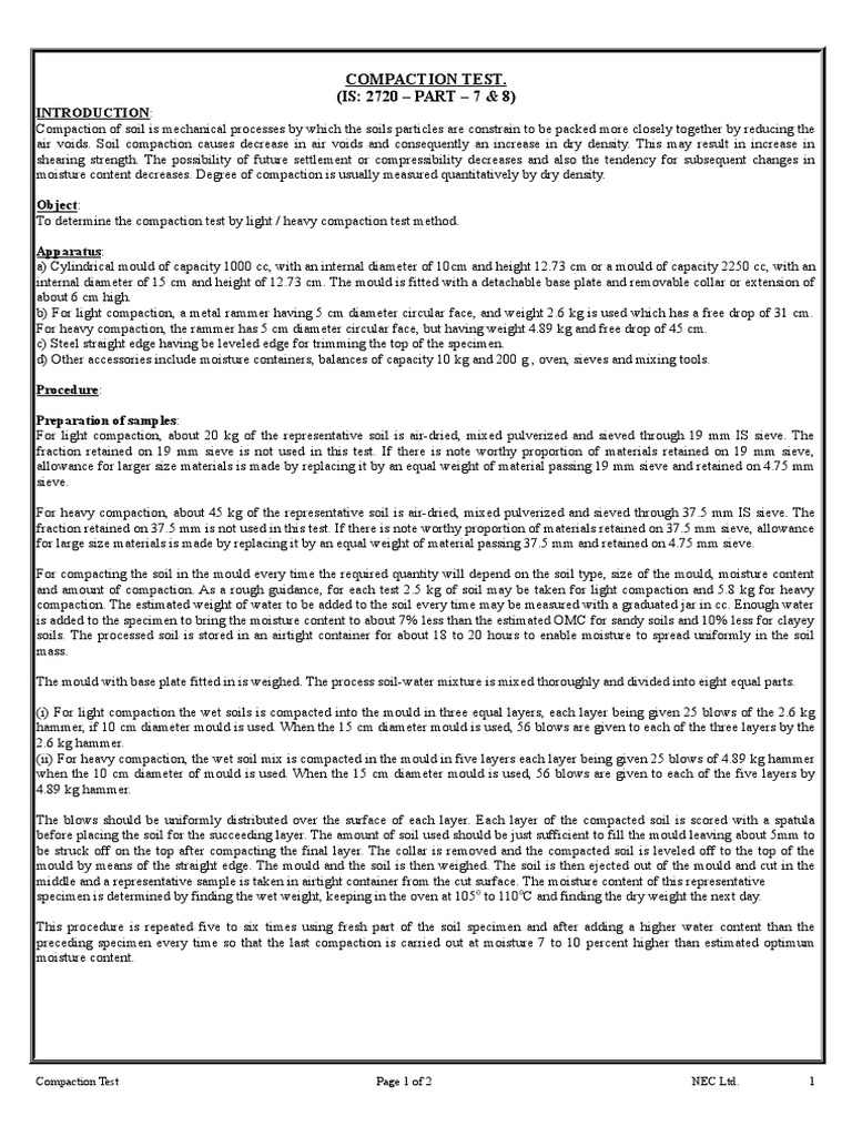 Compaction Test. (IS 2720 PART 7 & 8) PDF Soil Density