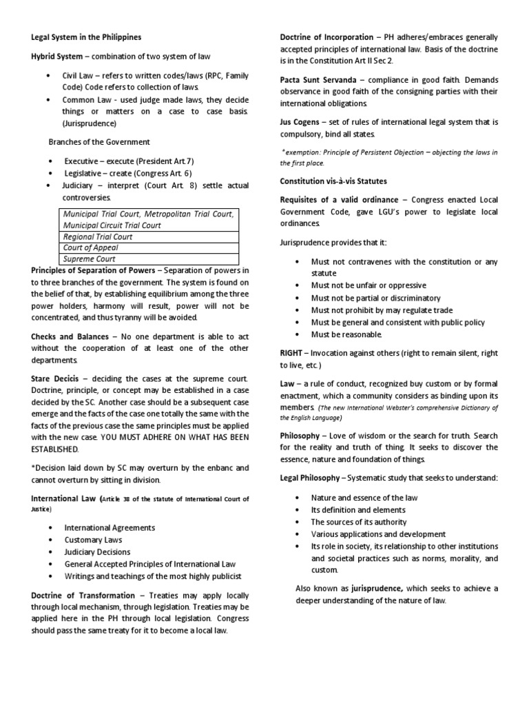 Philippine Legal System Overview | PDF | Jurisprudence | International Law