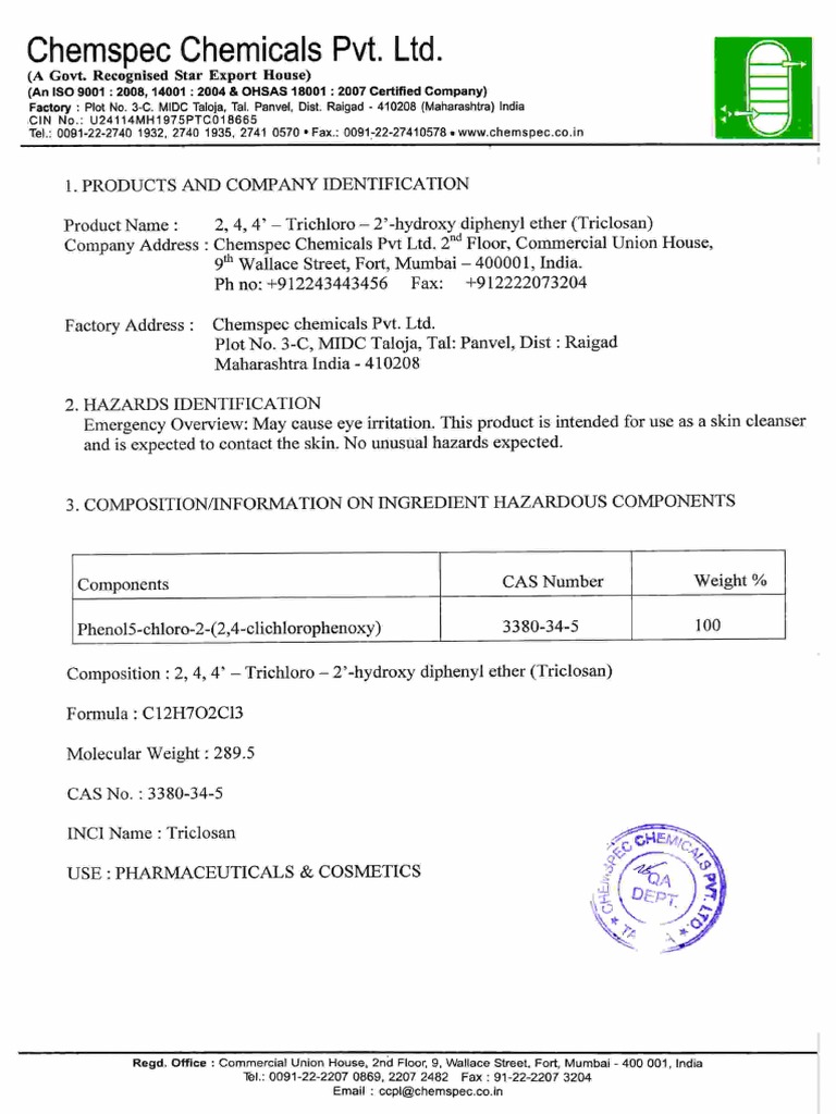 MSDS Triclosan PDF Personal Protective Equipment Breathing