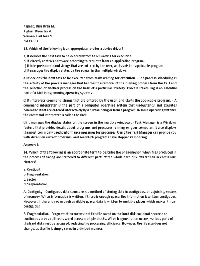 Device Driver Role and File Fragmentation Multiple Choice Practice