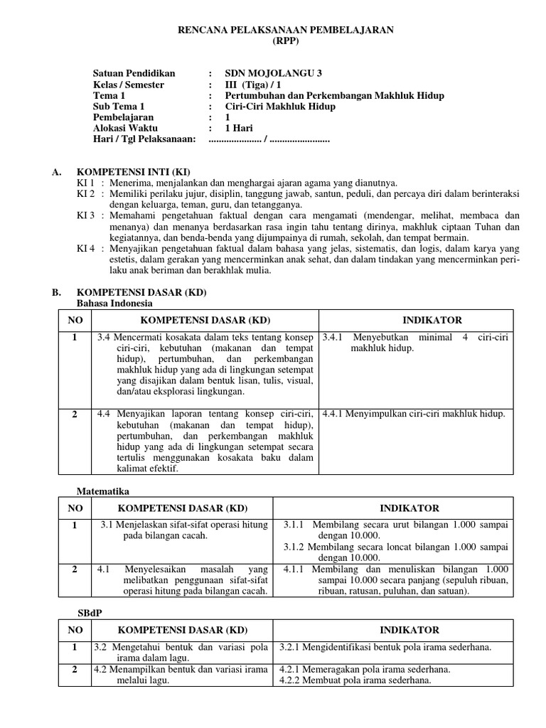 Rpp Tema 1 Kelas 3 Revisi 2018 P Bagio