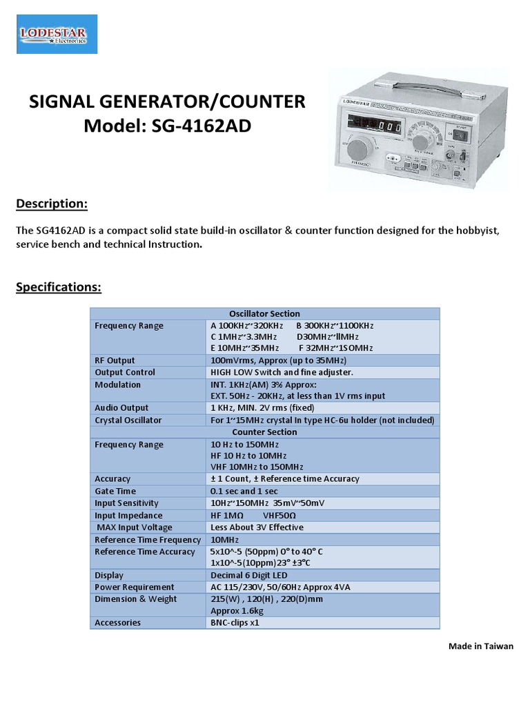 Lodestar SG-4162AD Signal Generator | PDF | Hertz | Electrical