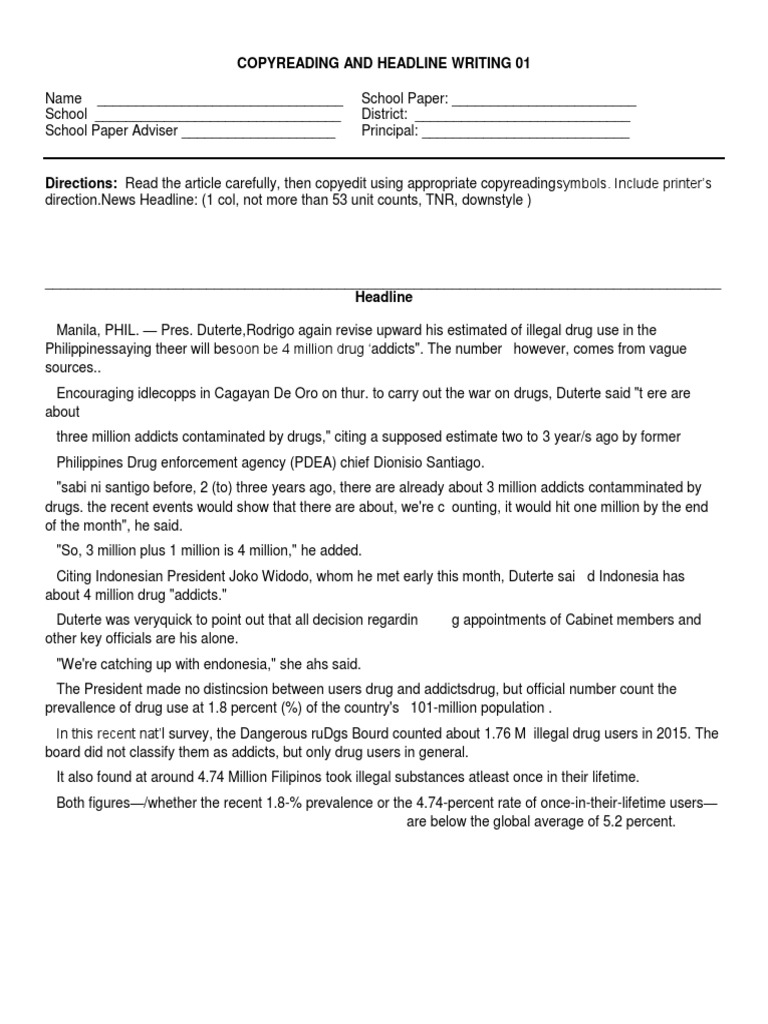 Copyreading and Headline Writing Guide | PDF | Rodrigo Duterte | Government