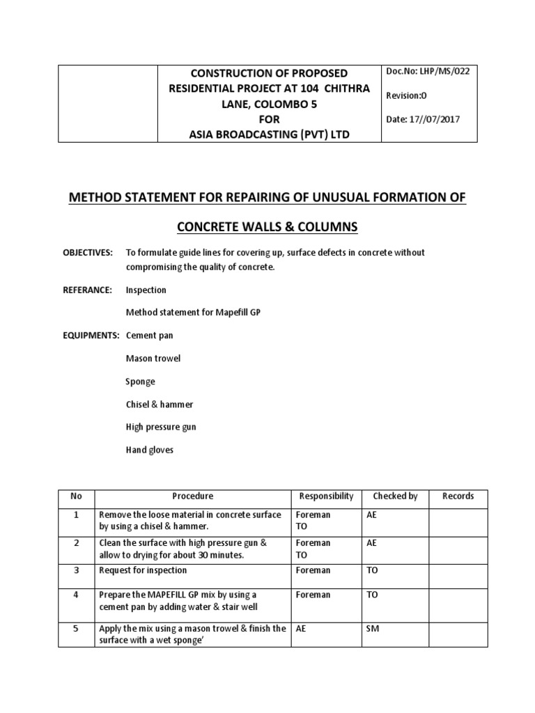 Method Statement for Concrete Repairs | PDF