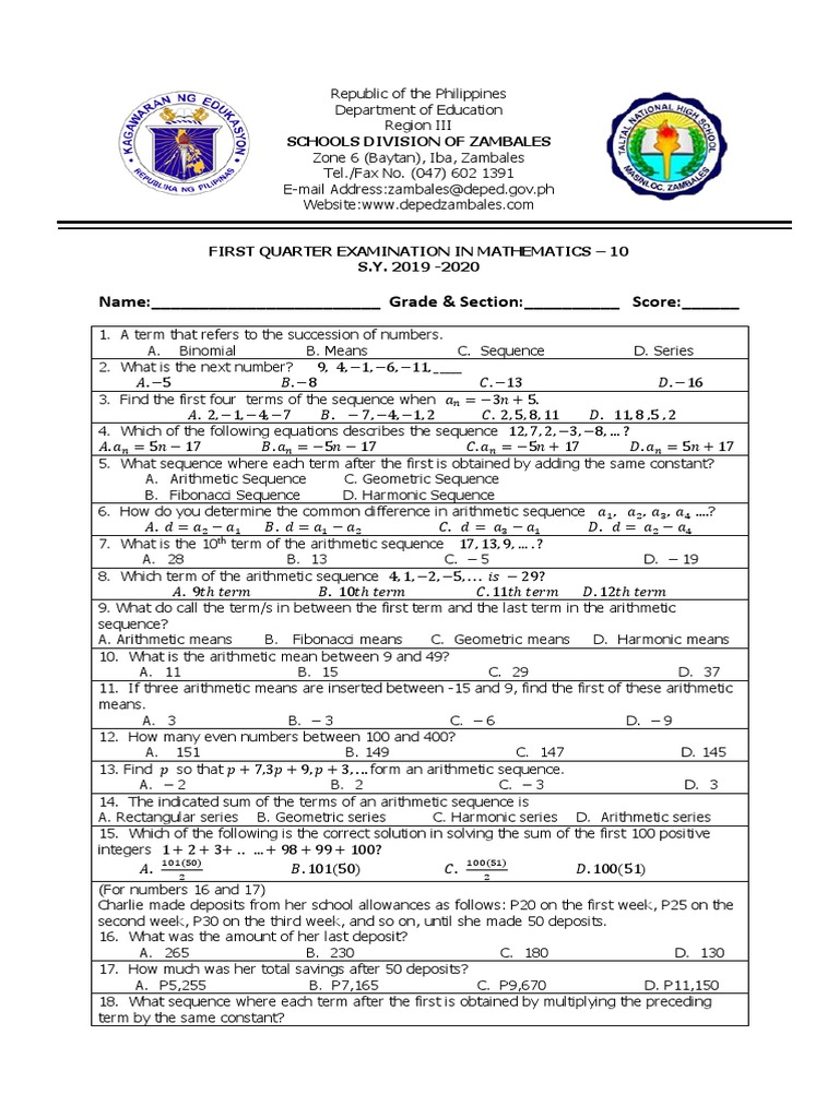 First Quarter Math Exam Grade 10 | PDF | Factorization | Abstract Algebra
