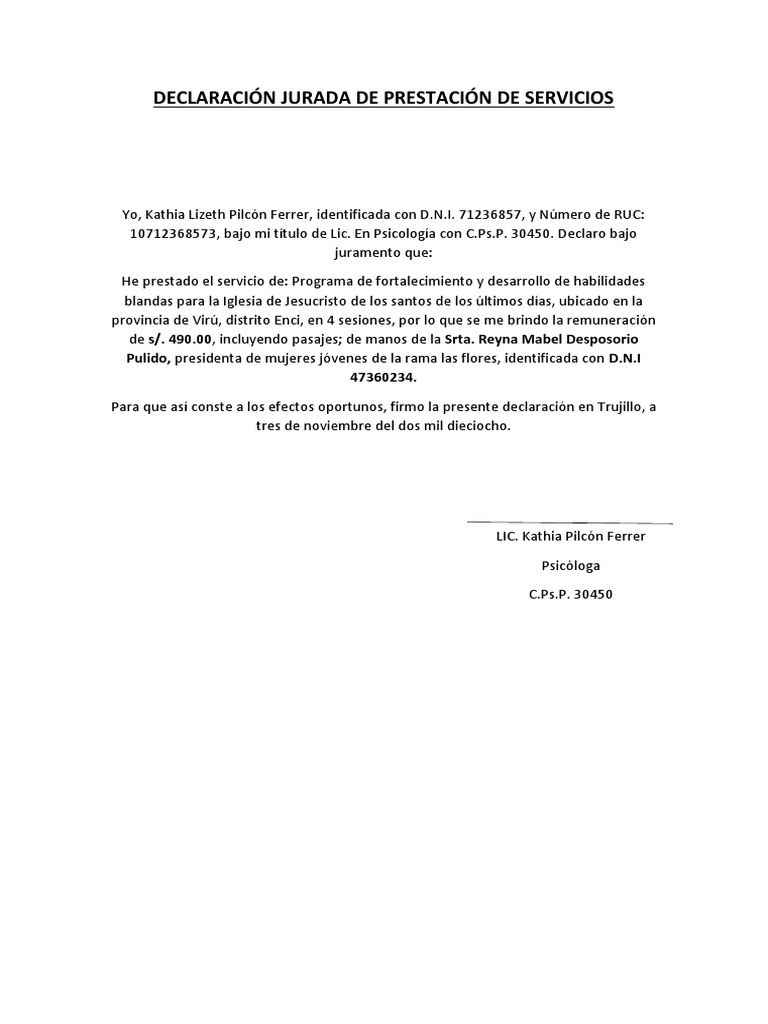 Declaración Jurada de Servicios Prestados | PDF