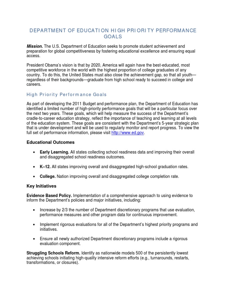 Department of Education High Priority Performance Goals | PDF | United ...