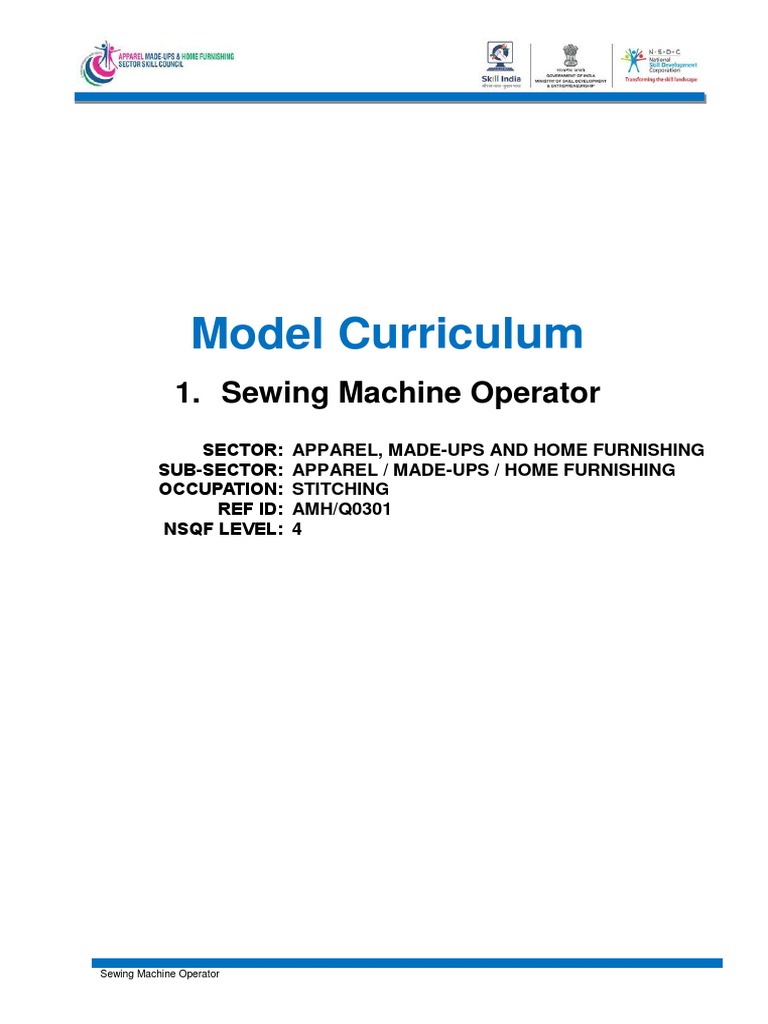 Sewing Machine Operator Model Curriculum PDF Sewing