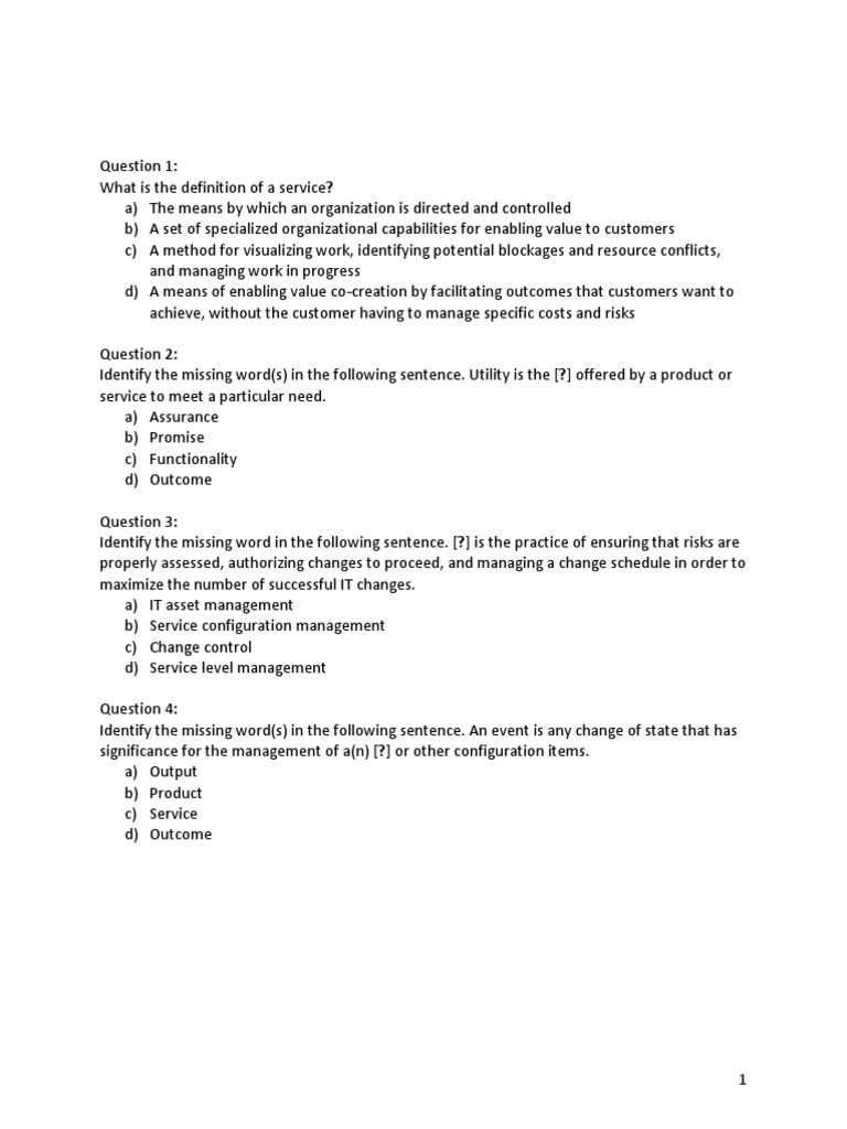 ITIL 4 Foundation Exam Practice Questions | PDF | Itil | It Service ...