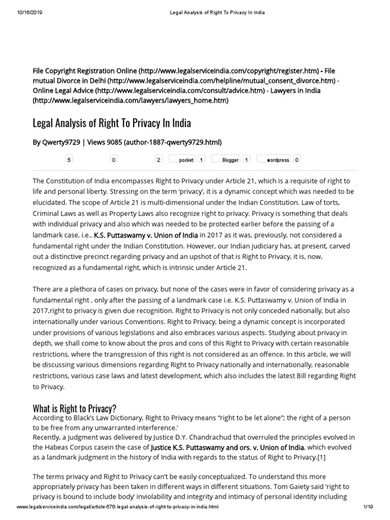 Right to Privacy in India: Legal Insights | PDF | Privacy | Right To ...