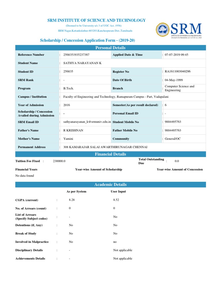 SRM Scholarship Application Form 2019-20 | PDF | Academia | Computing