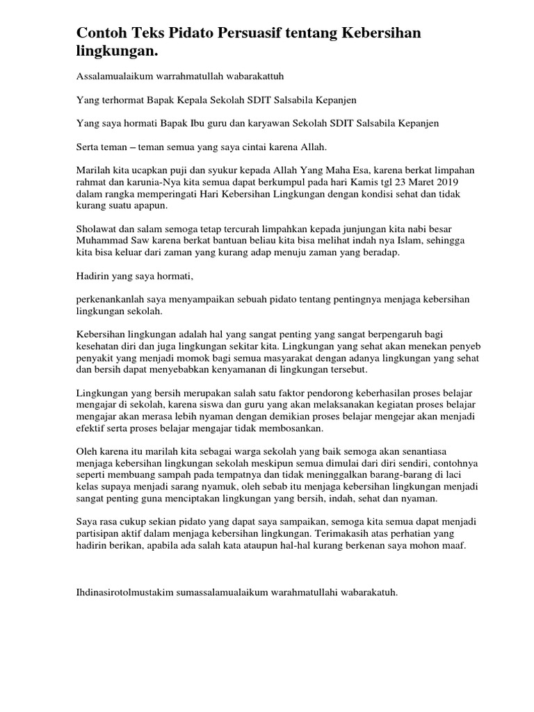 Contoh Pidato Persuasif Tentang Kebersihan Lingkungan