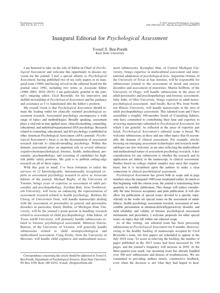 Inaugural Editorial For Psychological Assessment Yossef S. BenPorath