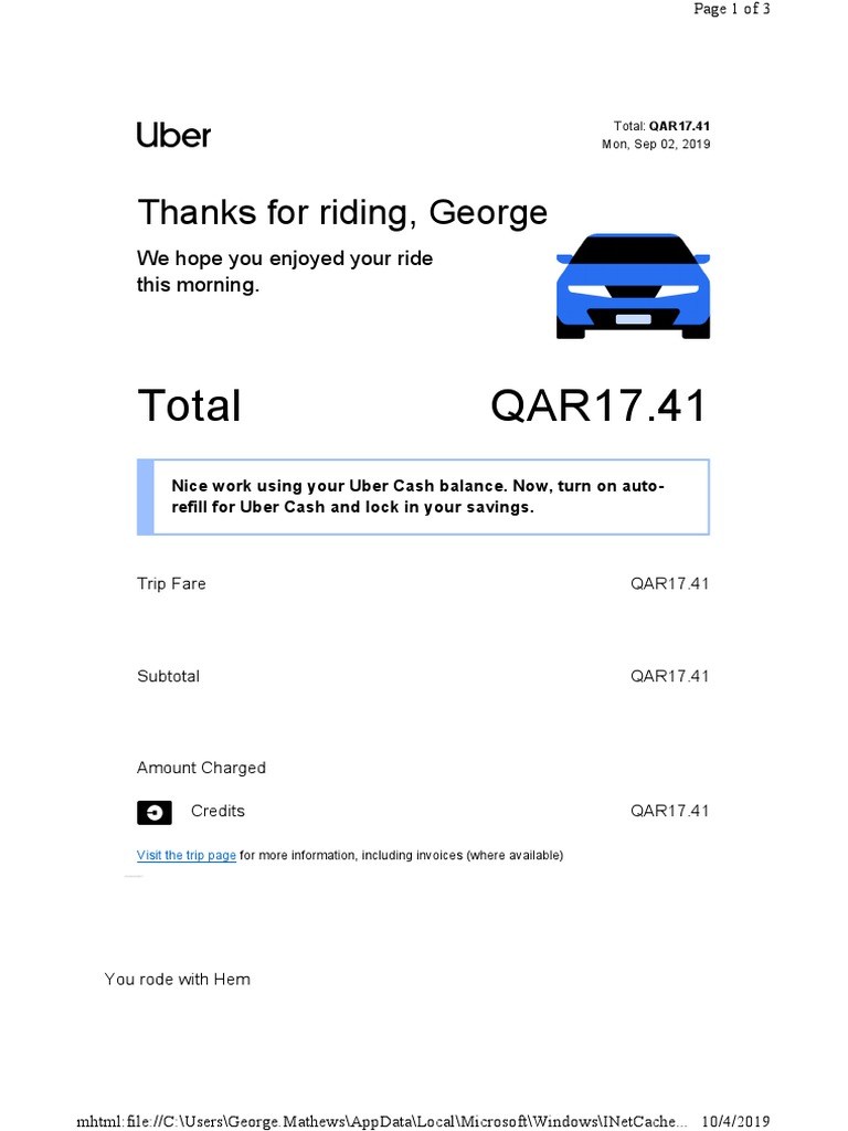 Uber Ride Receipt - QAR17.41 Payment | PDF | Service Industries ...