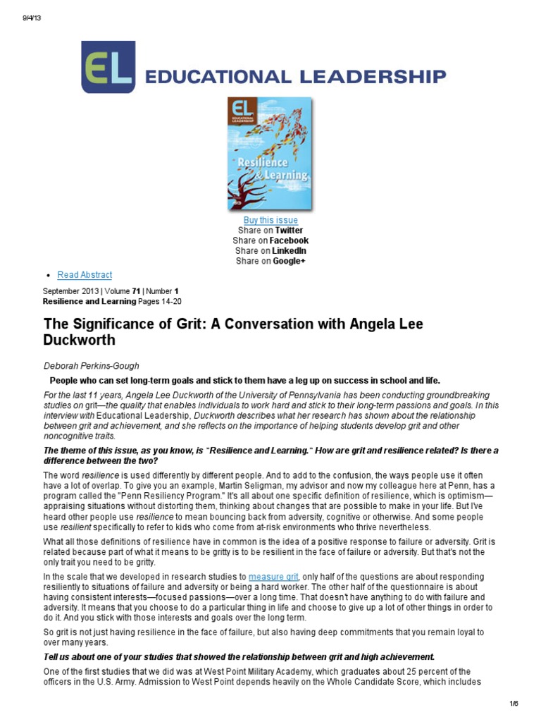 Significance of Grit Duckworth PDF Grit (Personality Trait) Psychological Resilience