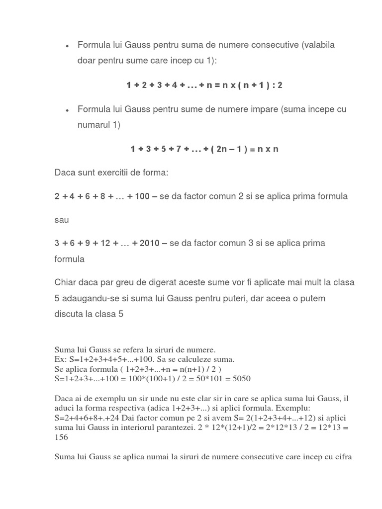 Suma Lui Gauss Clasa 5