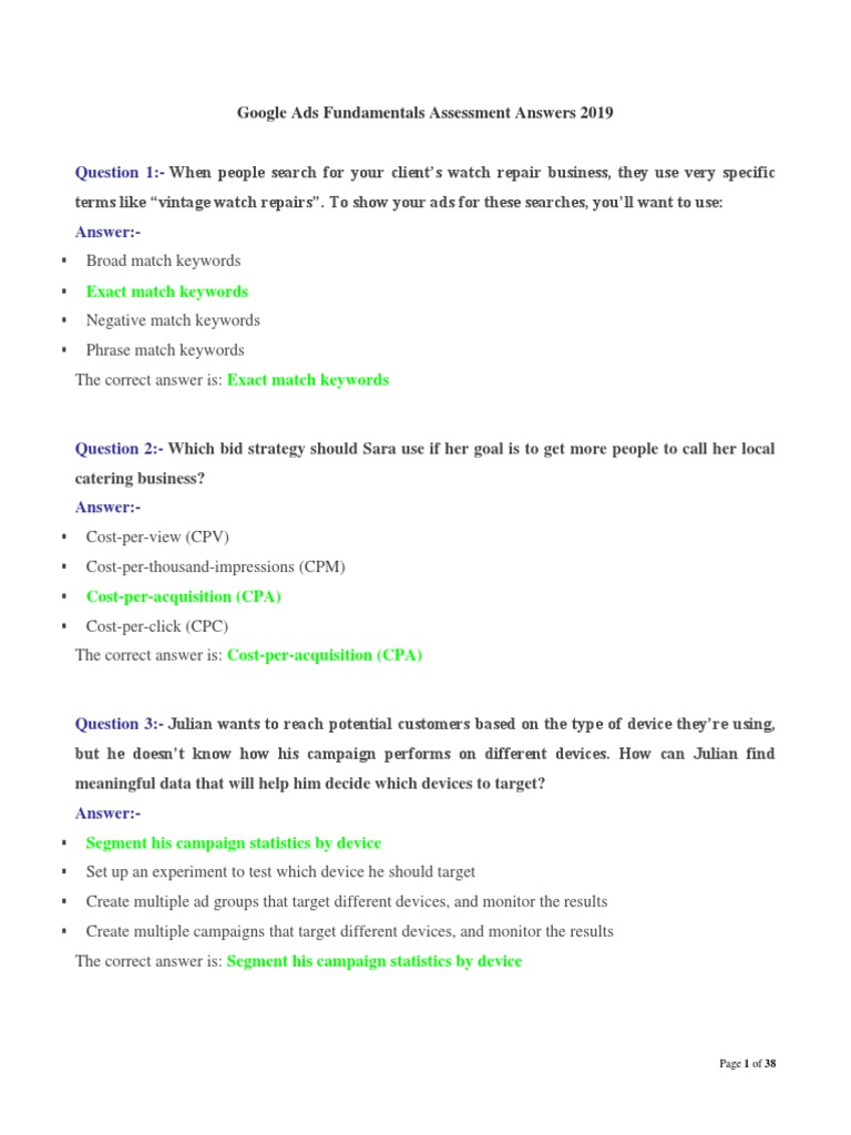 Google Ads Fundamentals Assessment Answers 2019 PDF Search Engine