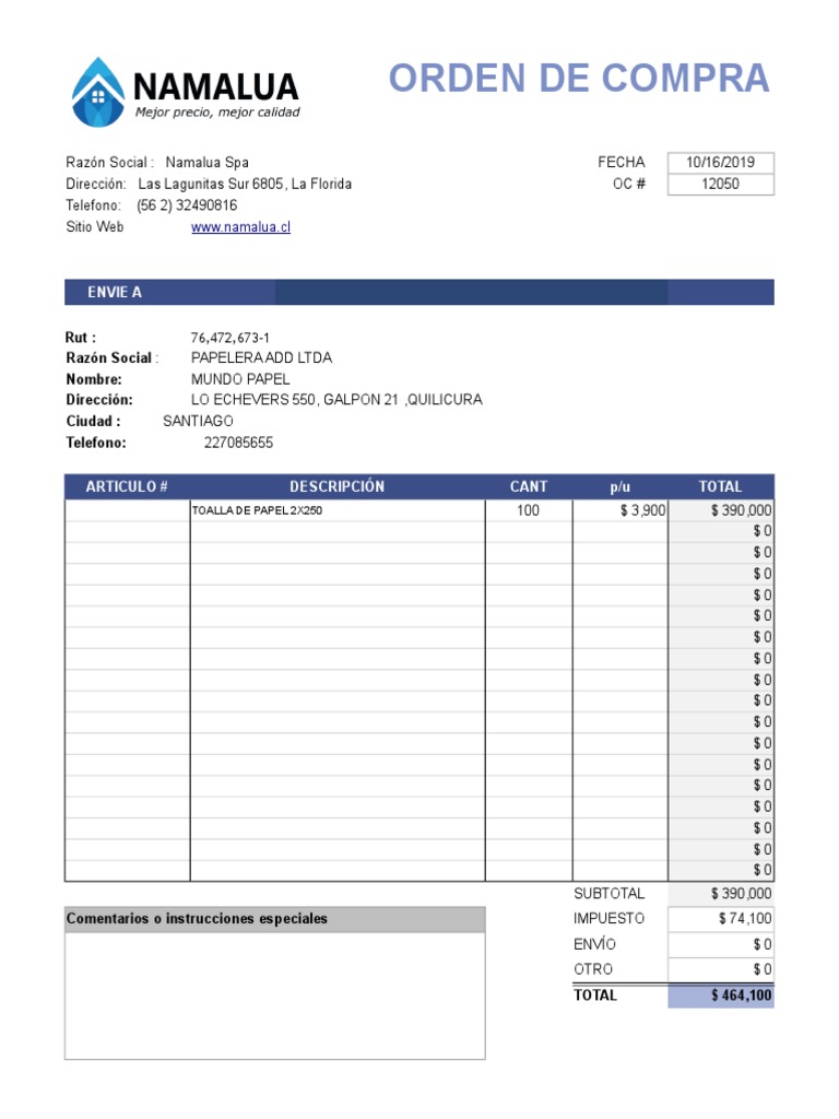Ejemplo Orden de Compra | PDF