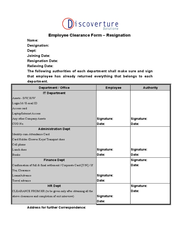 Employee Exit Clearance Form Template | PDF | Career & Growth | Finance ...