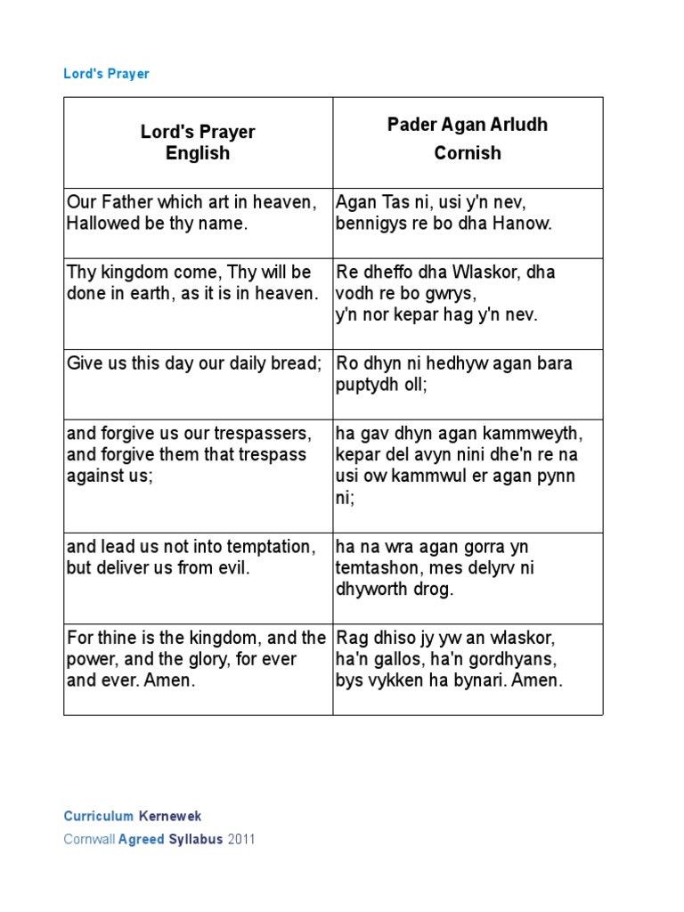 Lords Prayer in Cornish PDF