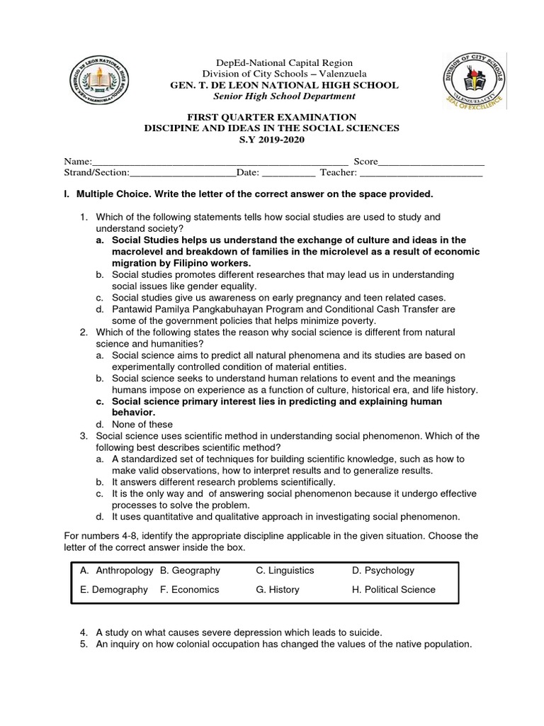 First Quarter Exam: Social Sciences | PDF | Id | Social Science