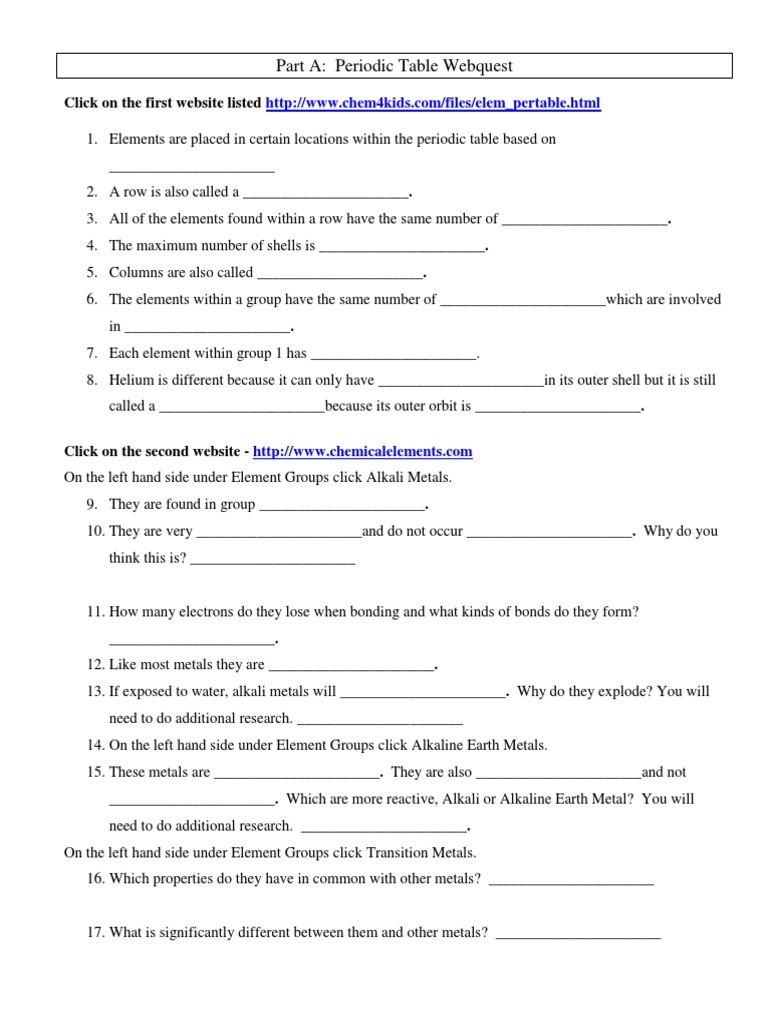 Webquest Answers 1 Metals Chemical Elements