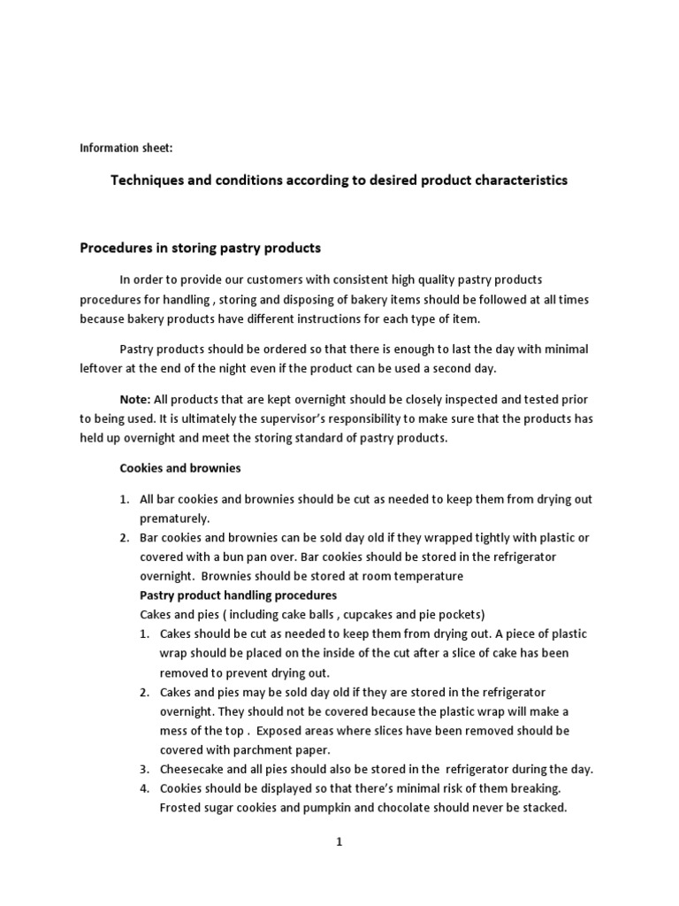 Information Sheet Storing Pastry Products PDF Desserts Cakes