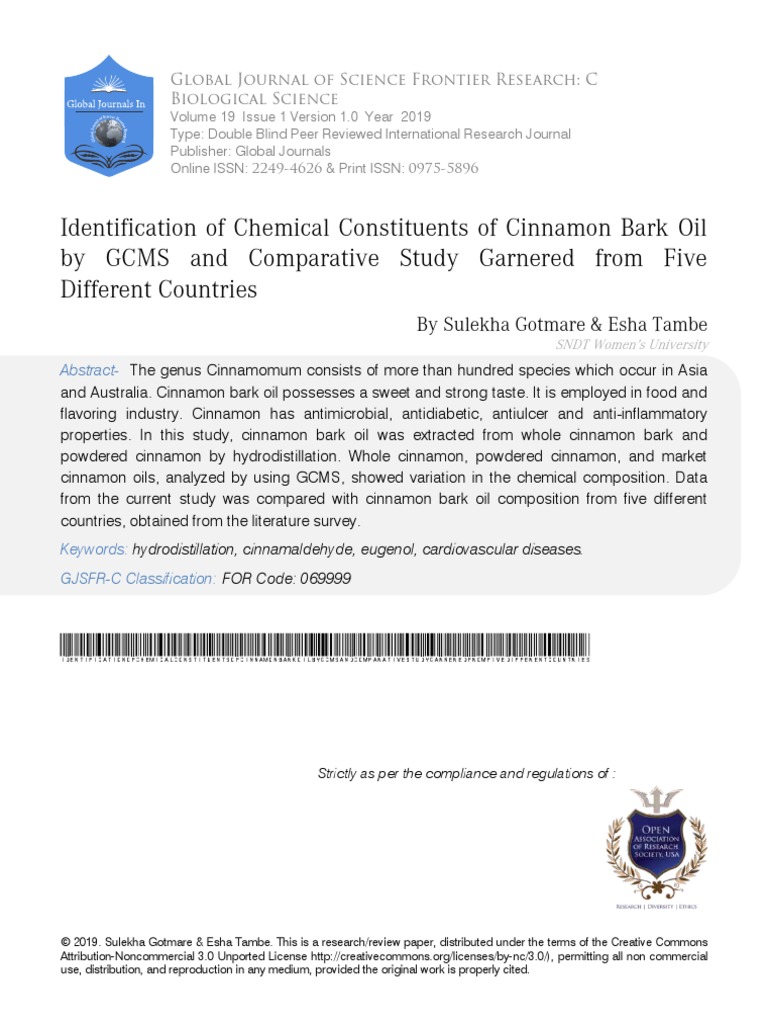 Identification of Chemical Constituents of Cinnamon Bark Oil by GCMS