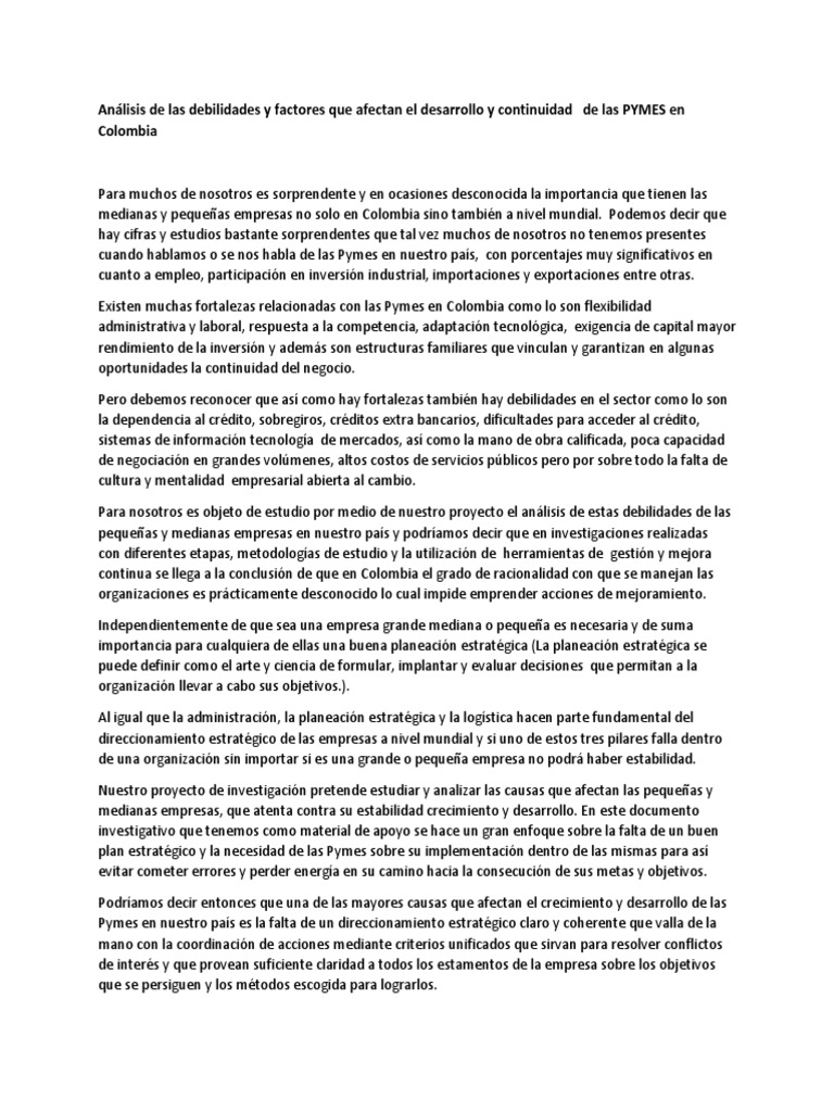 Debilidades de las PYMES en Colombia | PDF | Pequeñas y medianas ...