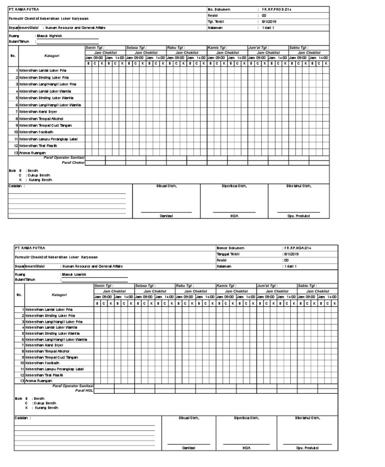 Formulir Checklist Kebersihan Loker | PDF
