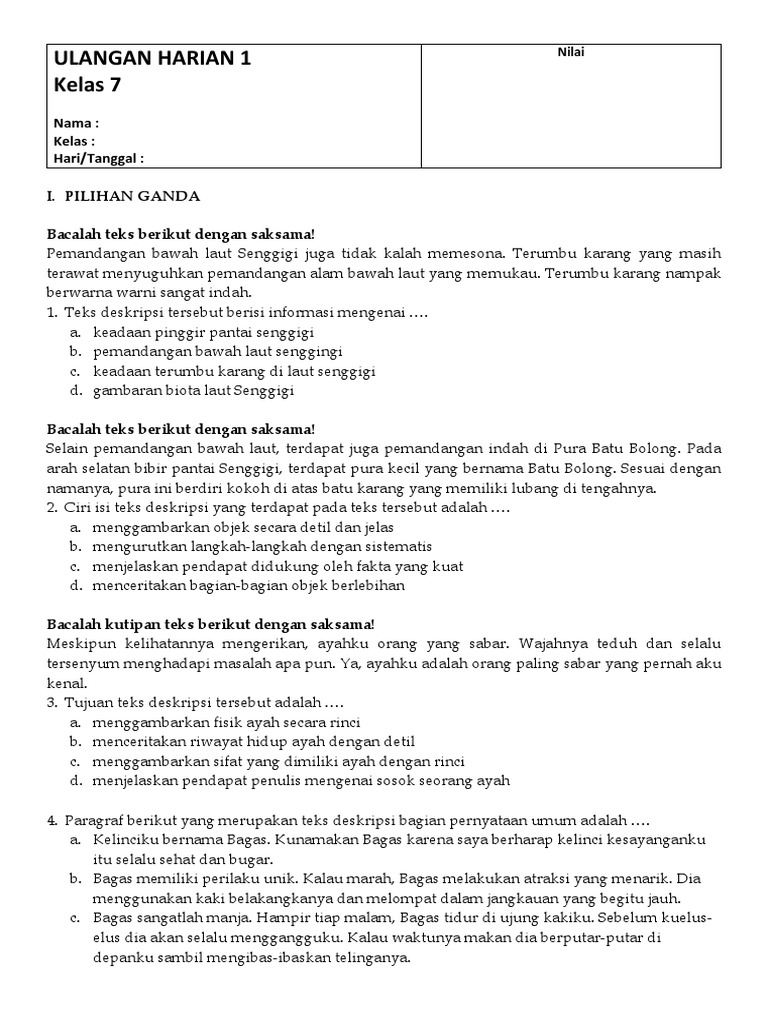 Ulangan Harian Bahasa Indonesia Kelas 7