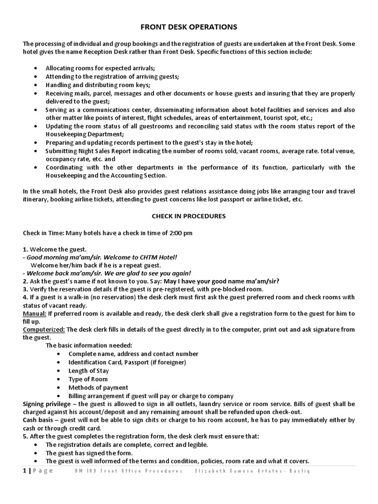 Front Desk Operations Check in Procedures PDF Business