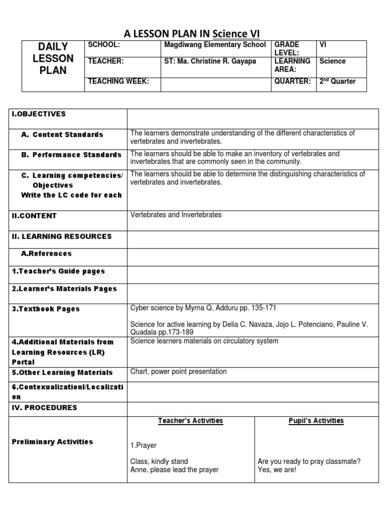 A LESSON PLAN in SCIENCE 6 Vertebrates and Invertebrates | PDF