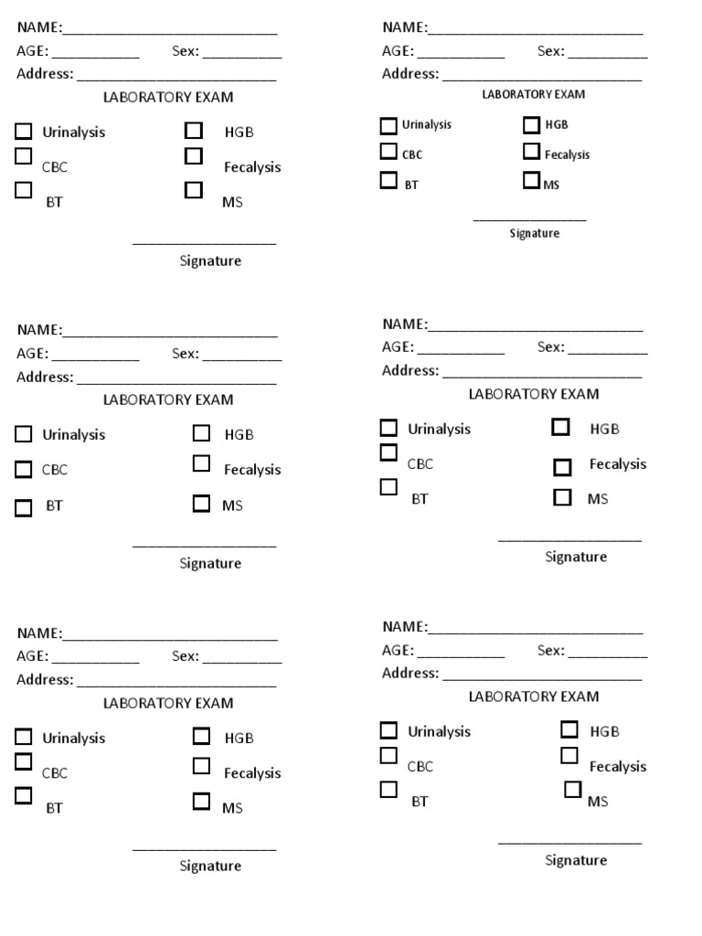 Laboratory Exam Urinalysis HGB CBC Fecalysis BT Ms Signature PDF