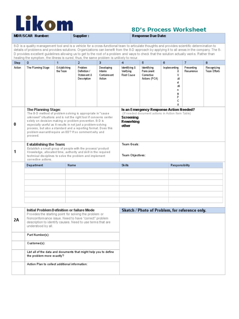 8D's Process Worksheet: MDR/SCAR Number: Supplier: Response Due Date ...