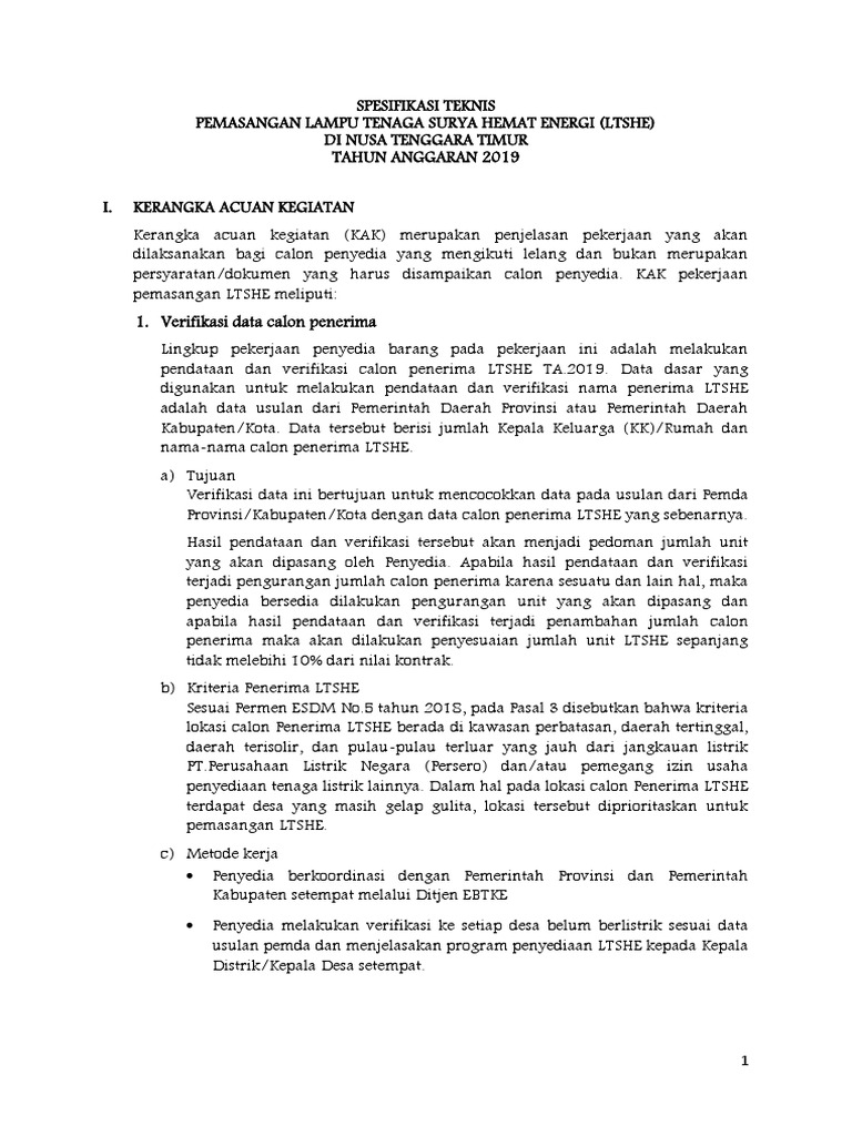 Spesifikasi Teknis LTSHE TA 2019 Rev NTT PDF | PDF
