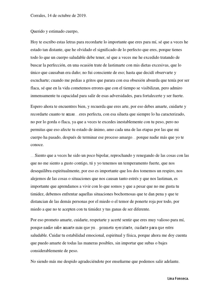 Carta A Mi Querido Y Estimado Cuerpo Docx En tiempos de extremo cinismo y conflictos culturales, llega una canción romántica idónea de amor clásico para celebrar precisamente el amor. scribd