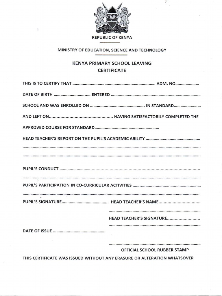 Kenya Primary School Leaving Certificate PDF  PDF Within School Leaving Certificate Template