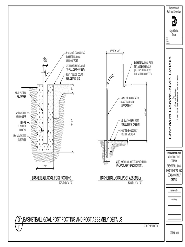 D11 Basketball Goal Post Footing and Goal Assembly Details