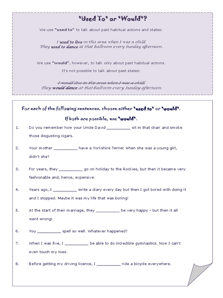 "Used To" vs "Would" Grammar Guide | PDF