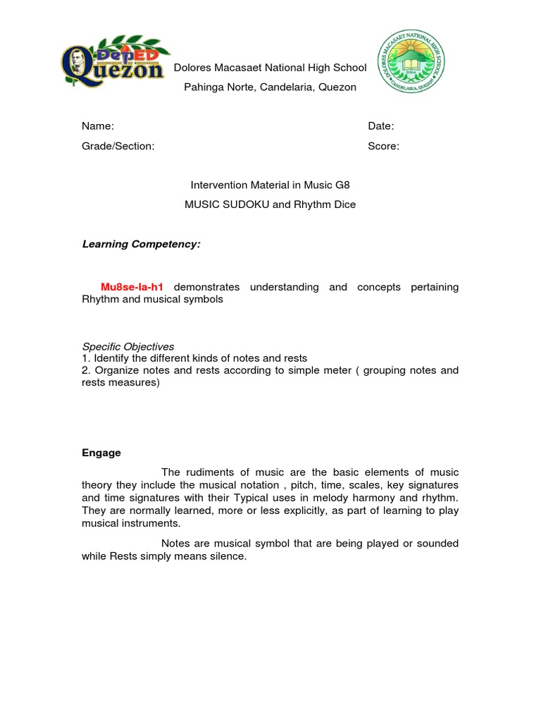 Music Intervention Material for Grade 8 | PDF