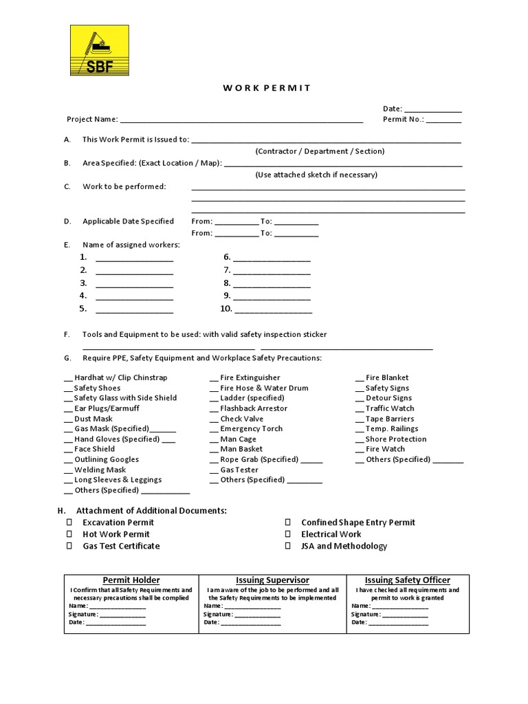 Work Permit: Permit Holder Issuing Supervisor Issuing Safety Officer ...