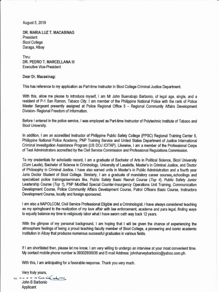 Application Letter Re Part Time Instructor of DR Barbonio | PDF