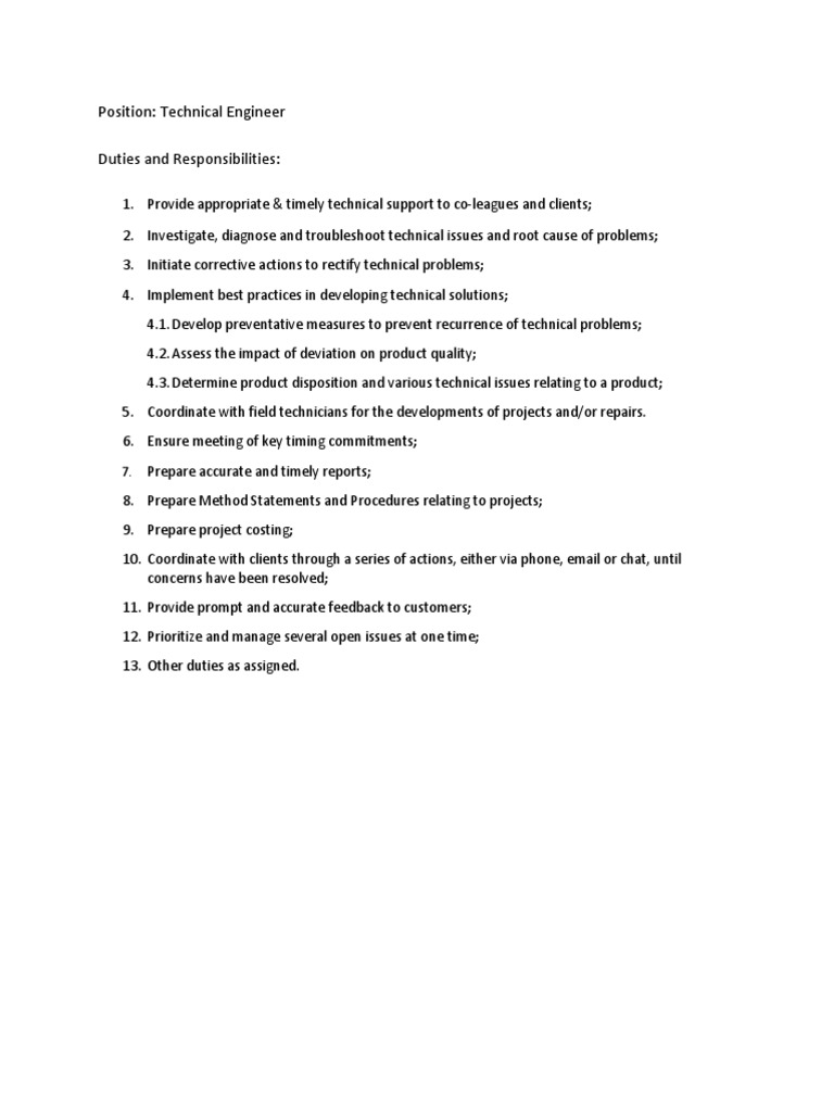 Technical Engineer Roles and Responsibilities-Rev | PDF
